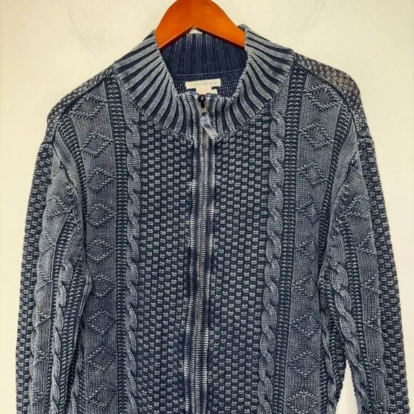 Carbon 2 Cobalt Sweater Size L Stavenger Blue Full Zip Cable Knit Linen Cotton - Picture 8 of 13